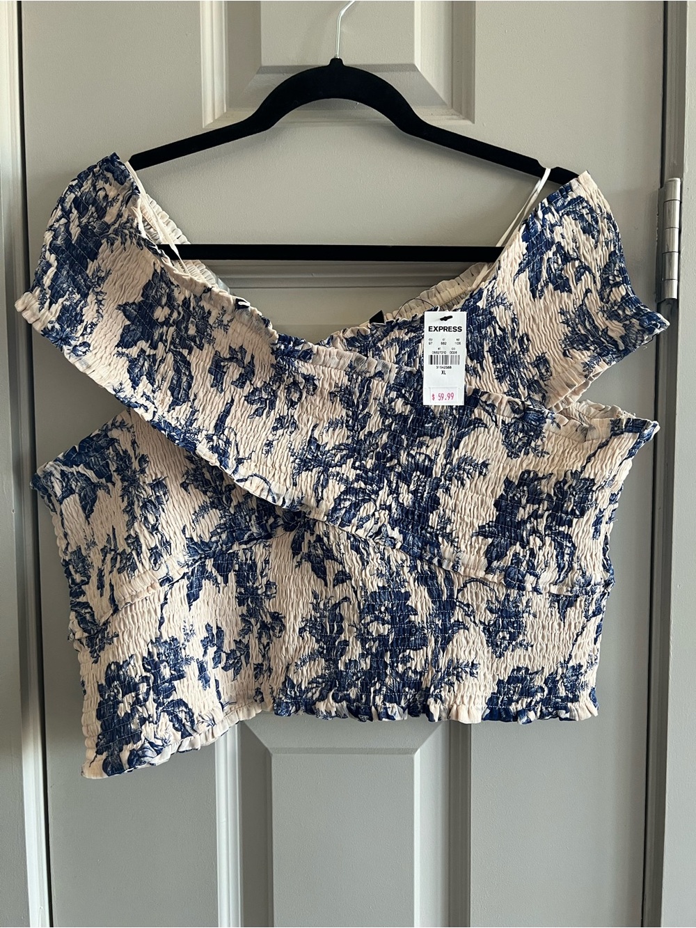 Express Cream and Blue Floral Off-Shoulder Crop Top
